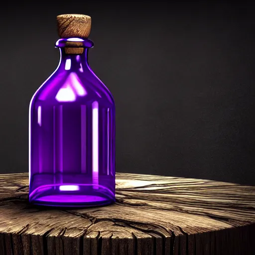 Prompt: hyper realistic deadly poison bottle, purple liquid inside on a wood table. the bottle is design like a trendy perfume bottle. background is a dark ancient laboratory complex architecture mossy stone pilars. professional digital art, dnd style, ultra detailed, trending on artstation, concept art, octane render, unreal engine 5, 8 k rendering.