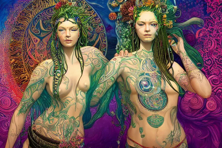 Image similar to a centered full body render of alluring festival hippies with tribal tattoos surrounded by a underwater ink pour and flowing liquid galium and sacred geometry, perfect body and faces, powerful, cinematic, beautifully lit, by artgerm, by karol bak, by donato giancola, 3 d, trending on artstation, octane render, 8 k