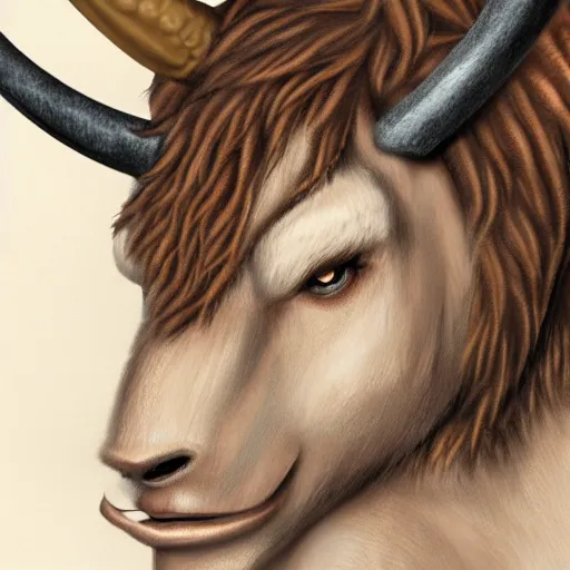 Image similar to fantasy portrait of female Minotaur with brown and white fur, close up, concept art