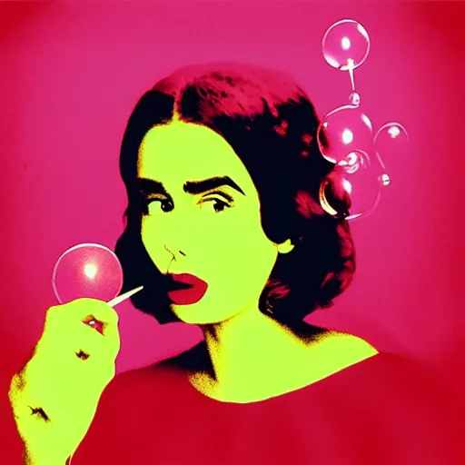 Image similar to “Lilly Collins blowing bubbles artistic Andy Warhol style portrait”