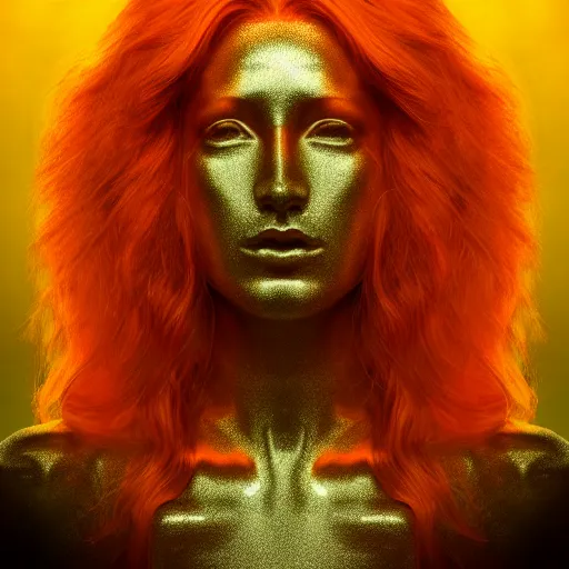 Prompt: a symmetrical portrait of a beautiful orange - haired woman, head and shoulders, god rays, symbolist, dramatic, ultra detailed, holographic design, 4 k, 8 k, hdr, award winning