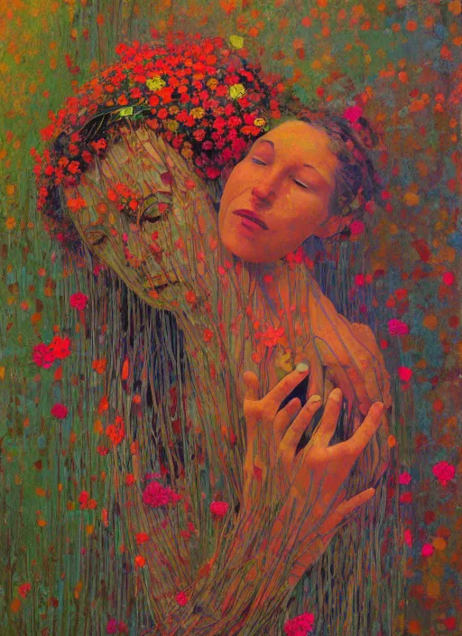 Prompt: portrait of women made of twigs and colorful flowers hugging Edward Hopper and James Gilleard, Zdzislaw Beksinski, highly detailed