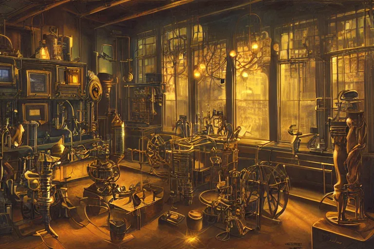 Prompt: a steampunk laboratory interior lit only by the windows with strange artifacts inside display cases in the late evening with dusty atmosphere, painting 3D by Greg Hildebrandt