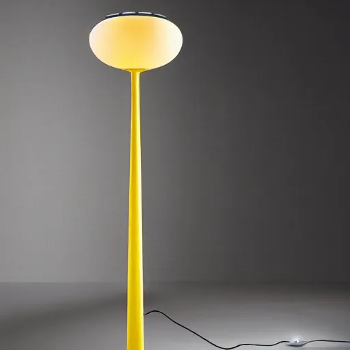 Prompt: floor standing lamp in the shape of a sun with yellow accents designed by tiffany, advertising photography, luxury home design