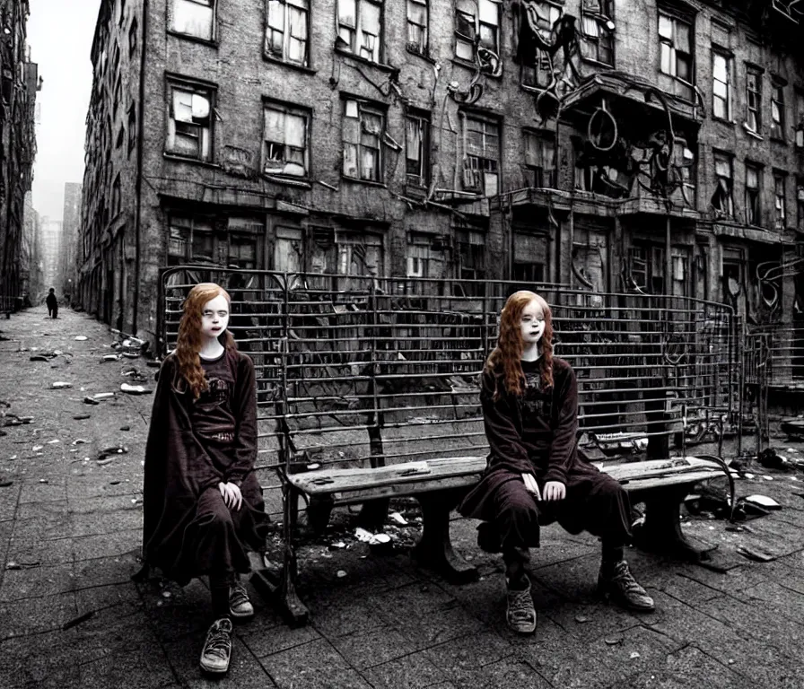 Image similar to mid shot of sadie sink in hoodie sits on bench in ruined square, pedestrians walk by | steampunk tenement windows in background : storyboard, scifi cyberpunk. by gabriel hardman. cinematic atmosphere, detailed and intricate, perfect anatomy