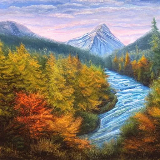 Prompt: A photorealistic painting of a landscape, with mountains, forests, and a river winding through it, in natural colors.