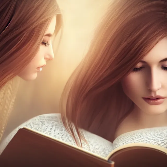 Image similar to beautiful girl reading a book, her hair flowing down, highly detailed, 4 k, hdr, smooth, sharp focus, high resolution, award - winning photo, artgerm, photorealistic