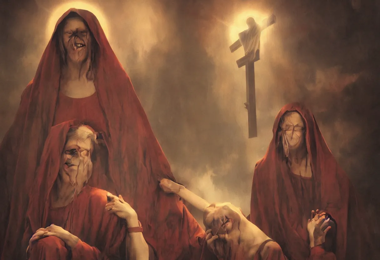 Prompt: menstruating holy mary bleeding from her eyes and laughing under the cross, colorfully ominous background, hyper realism, matte painting, realistic, dramatic lighting, octane render, highly detailed, cinematic lighting, cinematic, volumetric, by rutkowsky and gerald brom and frazetta and rembrandt