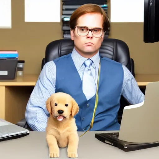 Image similar to golden retriever puppy working at a computer desk, office, in the style of the office, dwight schrute, michael scott, pam, tv sitcom camera style,