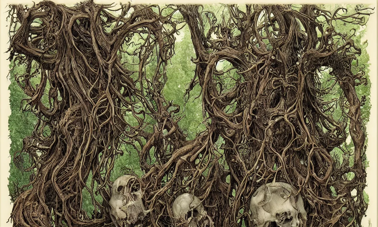 Image similar to hyperdetailed art nouveau portrait of treebeard and old groot as a cthulhu eyeball moose skull wendigo swamp thing creatures, by michael kaluta, pushead and bill sienkiewicz, photorealism, claws, skeleton, antlers, fangs, forest, wild, bizarre, scary, lynn varley, lovern kindzierski, steve oliff