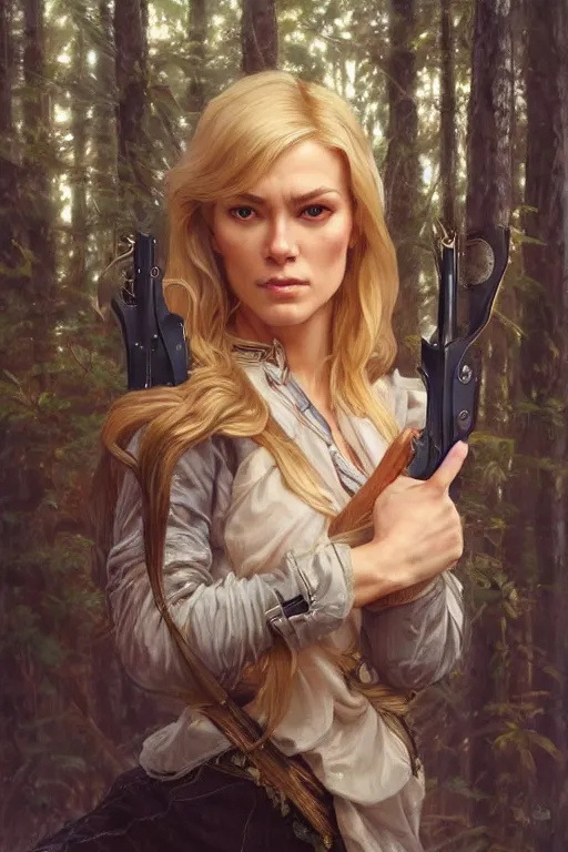 Image similar to beautiful cottagecore jean claude van dam holding nunchuks, blonde Hair, dark forest, intricate, elegant, highly detailed, digital painting, artstation, concept art, smooth, sharp, focus, illustration, art by artgerm and greg rutkowski and alphonse mucha