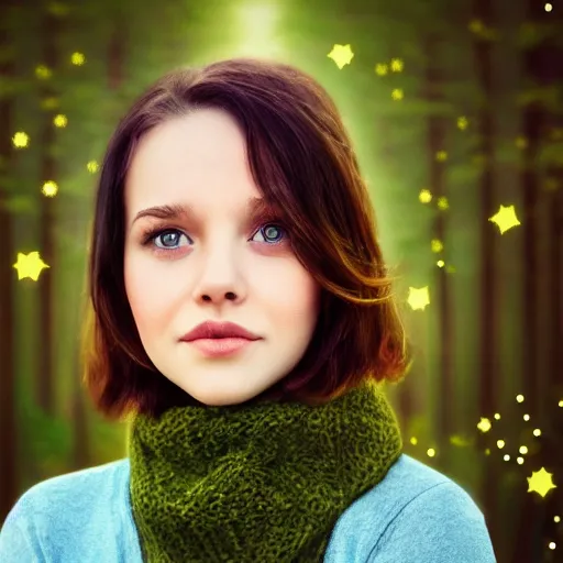 Image similar to an hd portrait photo of a cute young woman with short brown hair and green eyes, beautiful trees in the background, night sky with stars and galaxies, trending on artstation