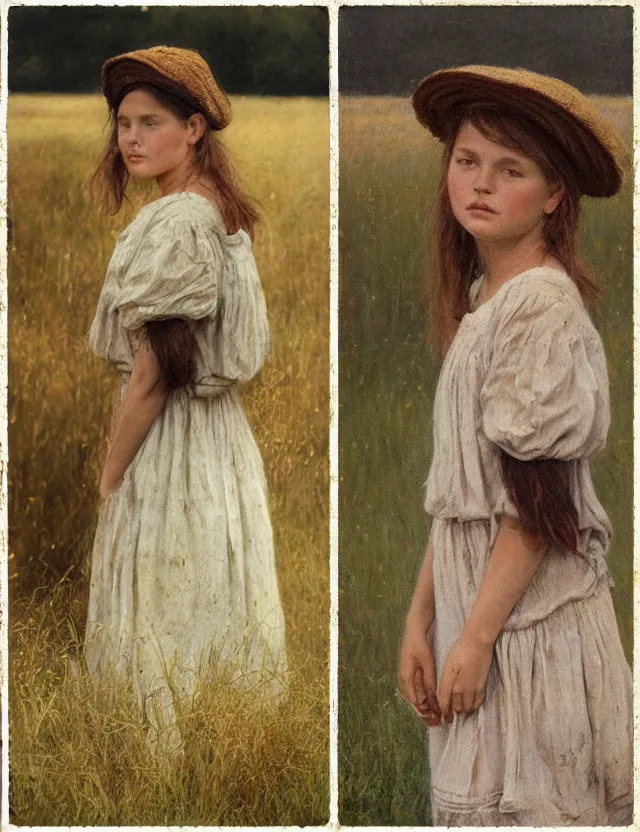 Prompt: peasant girl on a farm with cows, portrait, cottage core, cinematic focus, polaroid photo bleached vintage pastel colors high - key lighting, soft lights, foggy, by steve hanks, by lisa yuskavage, by serov valentin, by tarkovsky, 8 k render, detailed, oil on canvas