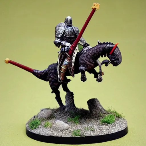 Image similar to A medieval knight riding on a giant leopard gecko, painted wargaming miniature