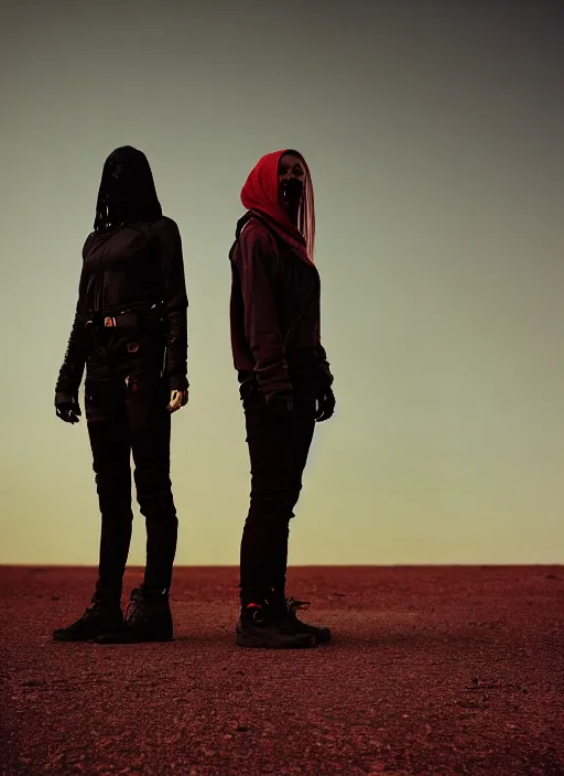 Image similar to cinestill 5 0 d 3 5 mm photographic portrait of two loving female androids wearing rugged black techwear on a desolate plain with a red sky, extreme closeup, lizard on ground, cyberpunk style, a brutalist dark metal facility in background, dust storm, 8 k, high resolution, f / 3. 2, ultra realistic faces