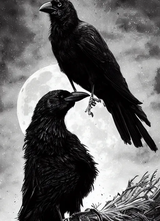 Image similar to portrait, A crow in front of the full big moon, book cover, red white and black colors, establishing shot, extremly high detail, foto realistic, cinematic lighting, pen and ink, intricate line drawings, by Yoshitaka Amano, Ruan Jia, Kentaro Miura, Artgerm, post processed, concept art, artstation, matte painting, style by eddie mendoza, raphael lacoste, alex ross