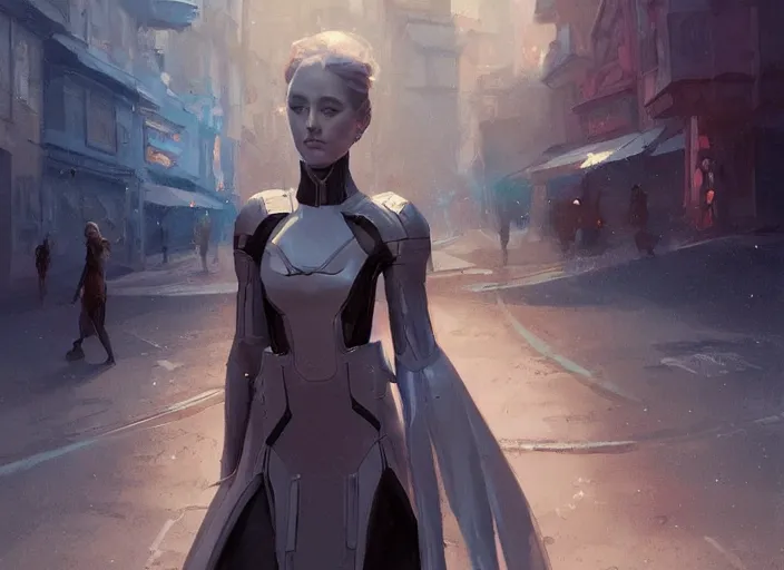Prompt: girl wearing futuristic space armor walking on a street in prague, official art, by charlie bowater, by jeremy lipking, realistic expressive digital art, gorgeous attractive face, cgscociety