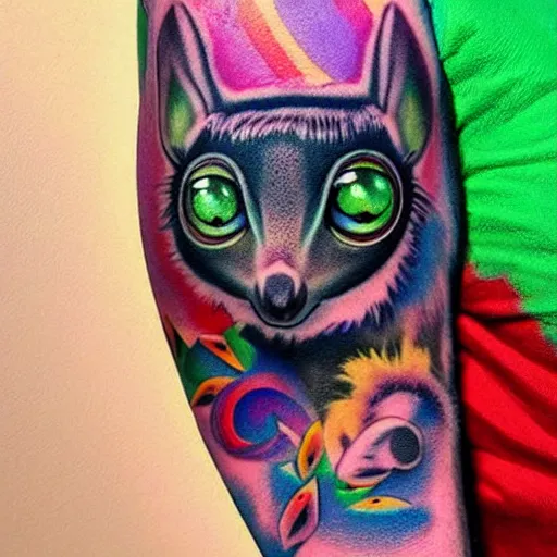 Image similar to shoulder tattoo of a multicolored trippy bushbaby with rainbow colored spiral eyes, long fur in rainbow colors, surrounded with colorful leaves and flowers, insanely integrate