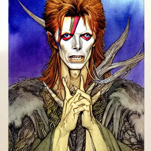 Prompt: a realistic and atmospheric watercolour fantasy character concept art portrait of david bowie as a druidic warrior wizard looking at the camera with an intelligent gaze by rebecca guay, michael kaluta, charles vess and jean moebius giraud