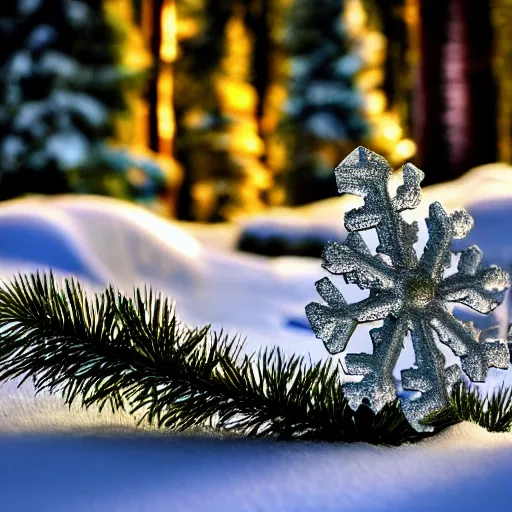 Image similar to snowflake in front of pinetree forrest, realistic, golden hour, hdr lights