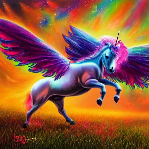 Image similar to an iridescent unicorn with translucent wings frolicking in a field of marijuana, a nebula is in the sky, oil painting, fantasy art, concept art, highly detailed, high quality, 8 k, masterpiece