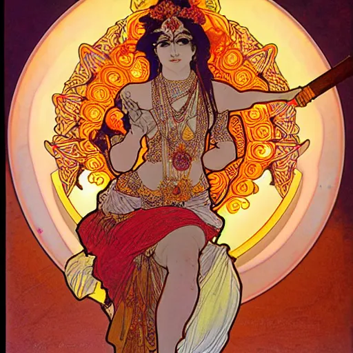 Prompt: hindu goddess of firespinning, by alphonse mucha, burning man, fire poi, fire staff, tesseract, intricate