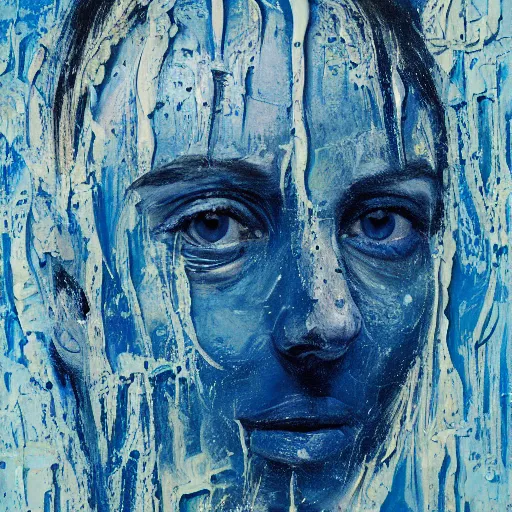 Prompt: oil paint impasto relief, portrait of woman's face, deep under water, lots blue colours, lit from above, looking up, air bubbles, multi layered thick brush marks, some splattered paint, in the style frank auerbach and magritte