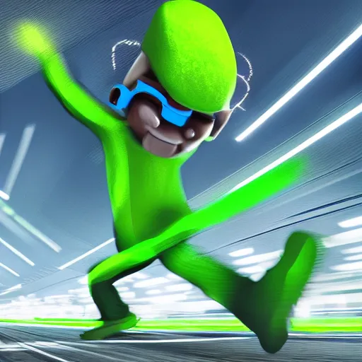 Image similar to man in green screen suit running away from a blue train, highly detailed, 4k, green neon lighting