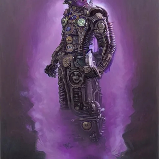 Prompt: portrait of an steampunk android that emits purple fog, by donato giancola