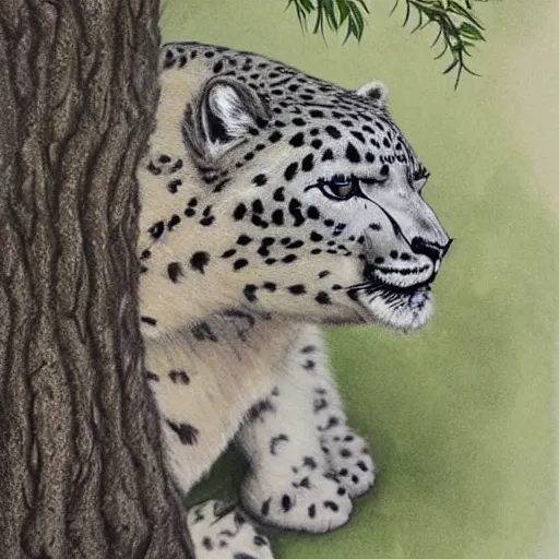 Image similar to anthropomorphic!!!!! snow leopard leaning against a tree with a bow, trending on artstation, fantasy, hyperrealistic, detailed, intricate, full of colour