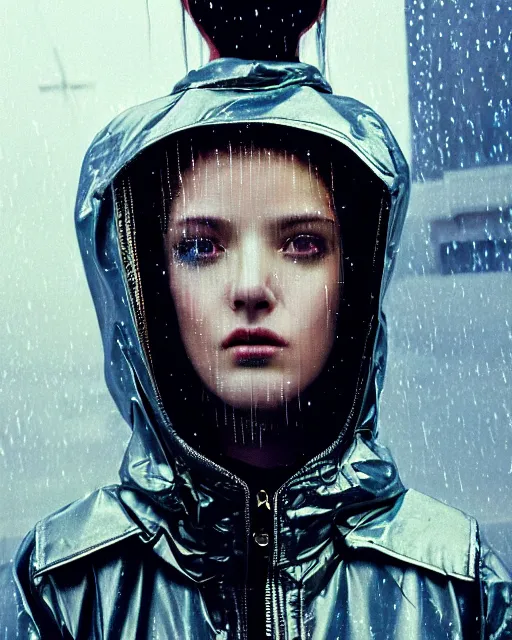 Prompt: detailed portrait kodak portra 800; grainy film European Pretty Young Girl Storm Rain bladerunner movie Reflective jacket coat, Futuristic sci-fi fashion, royal attire by ismail inceoglu dragan bibin hans thoma greg rutkowski Alexandros Pyromallis Nekro Rene Margitte illustrated Perfect face, fine details, realistic shaded, fine-face, pretty face