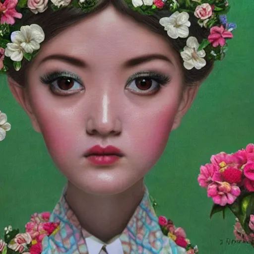 Image similar to a 3 d close up image of a beautiful young women looking at the camera surrounded by lush flowers mark ryden camera, pop japonisme 3 d ultra detailed