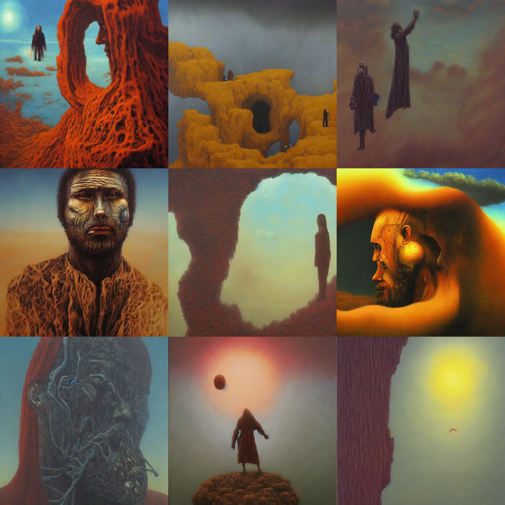 Prompt: oil painting inspired in the son of man painted by beksinski and kentaro miura art style