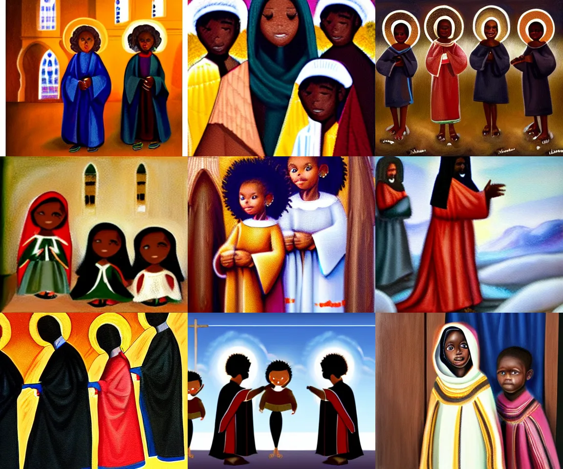 Prompt: black children in robe costumes standing around a manger in a church nativity play, painting by dora alis mera, realism style painting, trending on artstation