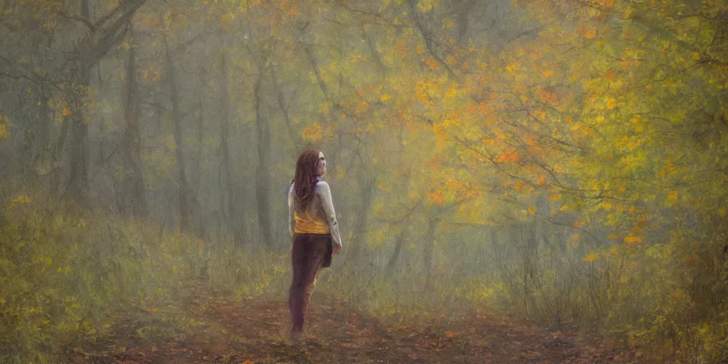 Image similar to a girl in an autumn forest, yellow and green tones, by Aron Wiesenfeld, wolf, cinematic, detailed illustration, nature, fog, dark colors, suspense, intricate, 8k