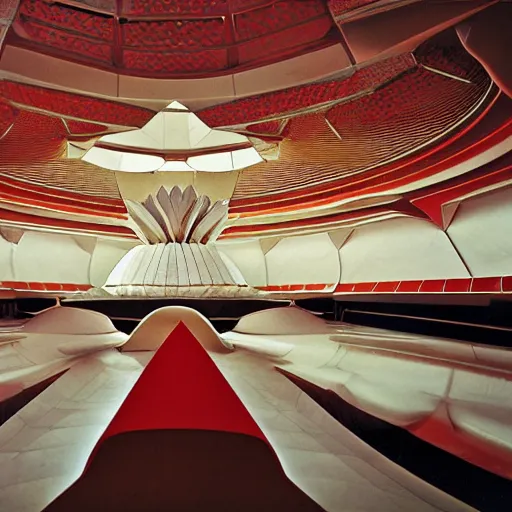 Image similar to interior of a futuristic lotus temple space station with gold, red and white marble panels, by buckminster fuller and syd mead, intricate contemporary architecture, photo journalism, photography, cinematic, national geographic photoshoot