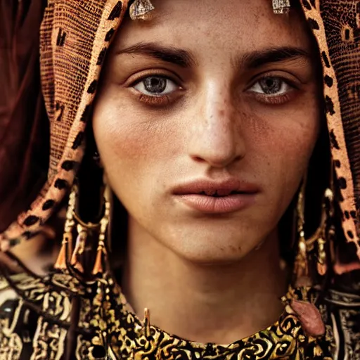 Image similar to portrait of a stunningly beautiful middle eastern tribal female, depth of field, zeiss lens, detailed, symmetrical, centered, fashion photoshoot, by Annie Leibovitz and Steve McCurry, David Lazar, Jimmy Nelsson, Breathtaking, 8k resolution, extremely detailed, beautiful, establishing shot, artistic, hyperrealistic, beautiful face, octane render