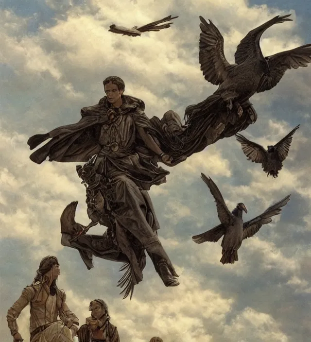 Image similar to cloudy day, three silhouettes riding a giant pigeon in the sky, in the distance, 1 9 7 0 s, intricate, moody, tasteful, intimate, highly detailed, short focus depth, artgerm, donato giancola, joseph christian leyendecker