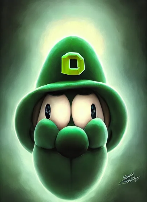 Image similar to hyper realistic, portrait of a mega derpy luigi by greg rutkowski, scott m fischer, artgerm, loish, slight glow, atmospheric, anne stokes, alexandros pyromallis