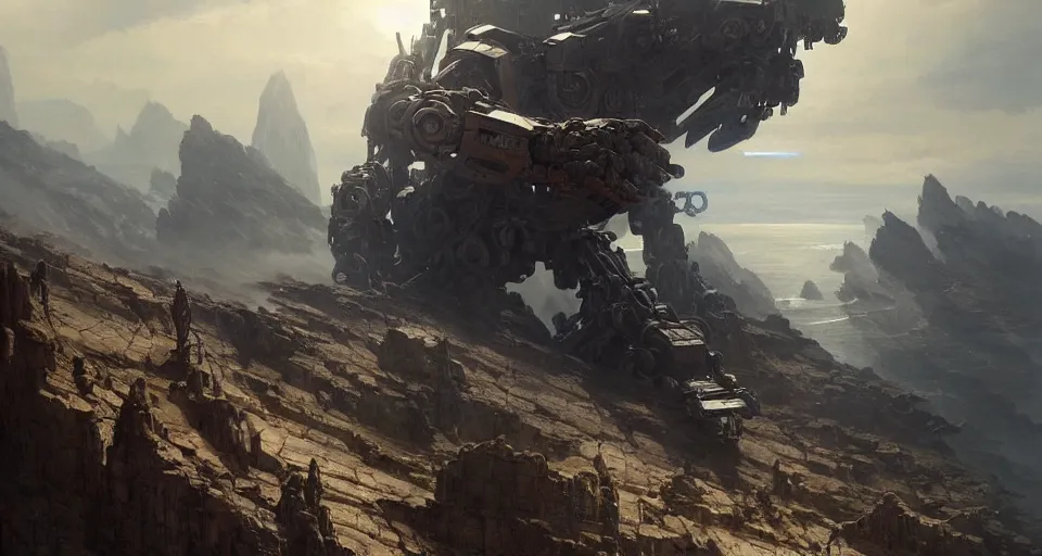 Image similar to hyper realistic sci - fi matte concept art painting of mecha on a cliff overlooking a raging battle, beautiful details, strong composition painted by kim jung guweta studio rutkowski, james gurney and greg rutkowski, and lucasfilm, smooth, intricate, detailed, sharp focus, cinematic