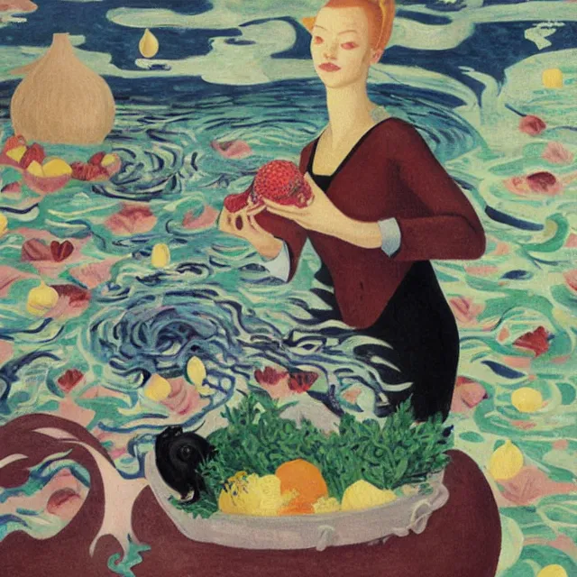 Image similar to tall female catgirl artist holding vegetables in her flooded kitchen, pomegranates, octopus, water gushing from ceiling, painting of flood waters inside an artist's apartment, a river flooding indoors, candles, ikebana, zen, rapids, waterfall, black swans, canoe, berries, acrylic on canvas, surrealist, by magritte and monet