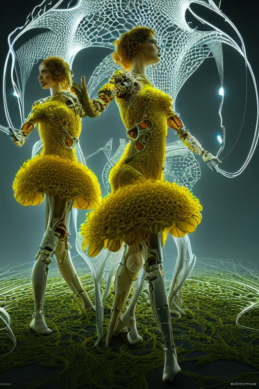 Image similar to intricate hyper detailed ultra sharp 3 d render, unity of mood, biomechanical cyborg ladies dancing, atmospheric, foliage, white large pore fungi, cyberpunk art nouveau, haute couture alexander mcqueen leaves stems colorful dahlias blooming transparent fractal filigree roots, intricate details, octane render, volumetric cinematic lighting, natural beautiful light, yellow infrared, lumiol, 8 k,