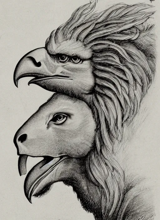 Image similar to a mighty strong creature with the body and eyes of a man, with the beak of an eagle, the mane of a lion, and the horns of an ox. drawn by da vinci