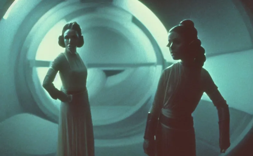Prompt: screenshot portrait of Princess Leia alone in a teal sci fi cave, scene from jedi lost, 1980s film by Stanley Kubrick, 4k serene, iconic , photoreal portrait Carrie fischer, detailed face, moody lighting stunning cinematography, hyper detailed, sharp, anamorphic lenses, kodak color film
