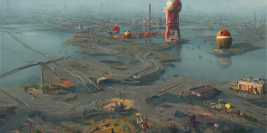 Prompt: a weird town city places with a giant weird thingsimon stalenhag, highly detailed, digital art, realistic, trending on artstation, 4 k