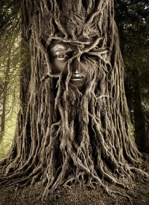 Prompt: photograph of hyperrealistic hyperdetailed ancient tree containing an ancient kind woman face covered with bark and moss, in a dark mysterious dark forest, dramatic mysterious lighting,