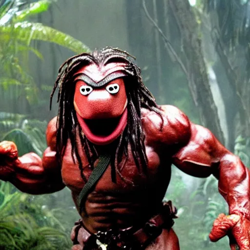 Prompt: Movie still of The Predator if it was a Muppet fighting Arnold Schwarzenegger, movie, The Muppets, jungle, Arnold Schwarzenegger, movie still, high definition