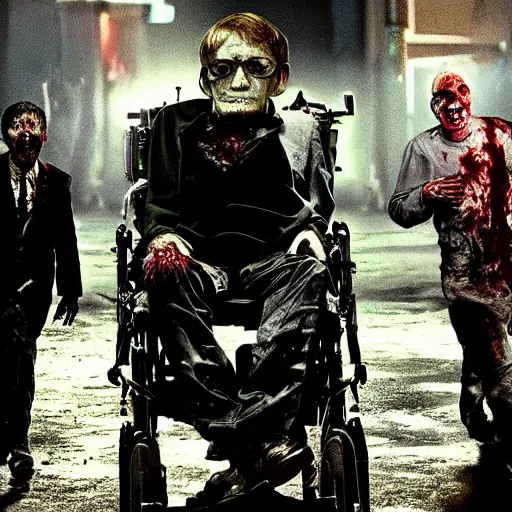 Prompt: a zombie movie where all the zombies are stephen hawking, horror imax cinematic dark night fog