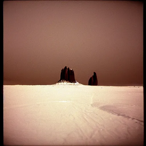 Image similar to photo of shiprock, new mexico during a snowstorm. a old man in a trench coat and a cane appears as a hazy silhouette in the distance, looking back over his shoulder. cold color temperature. blue hour morning light, snow storm. hazy atmosphere. humidity haze. kodak ektachrome, greenish expired film, award winning, low contrast,