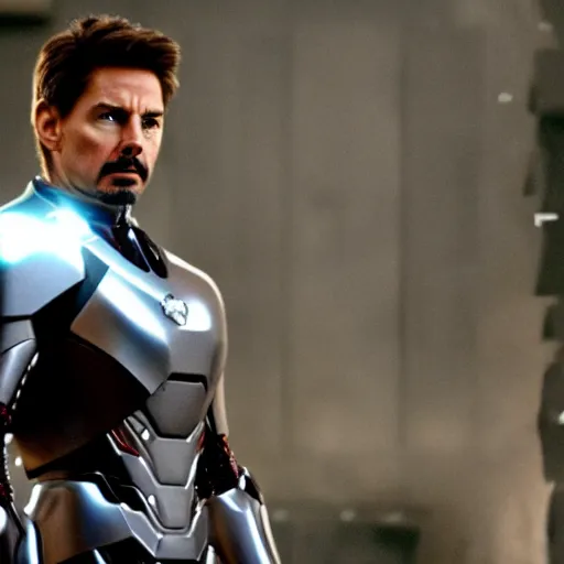 Image similar to cinematic film still of Tom Cruise as Tony Stark wearing his armour without the helmet